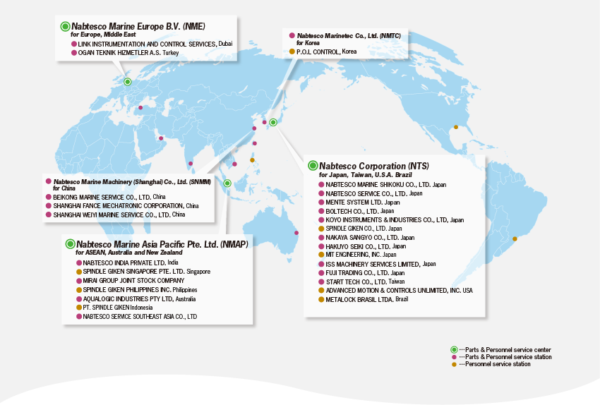 map: bases of Nabtesco global service network